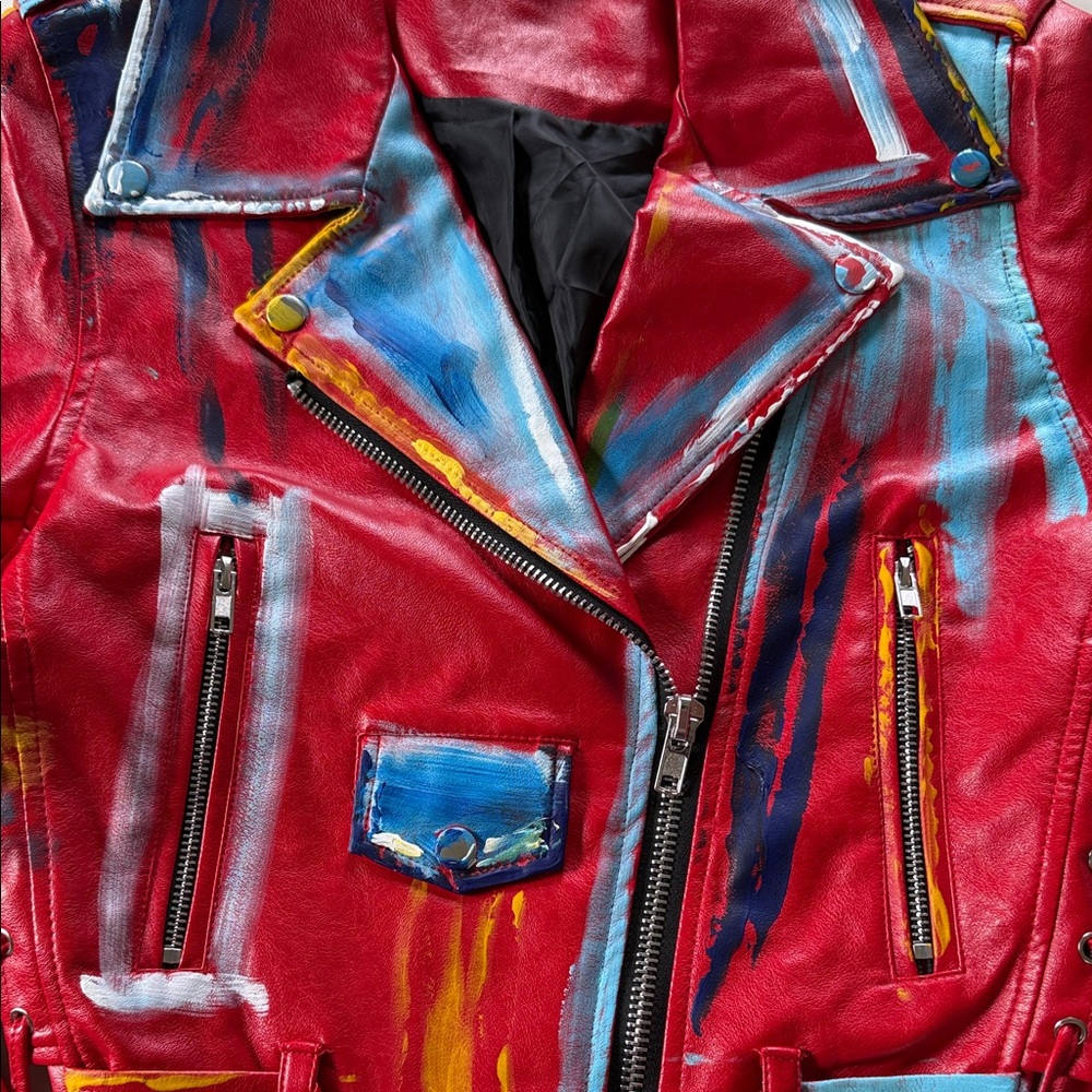 Hand Painted Red Faux Leather Biker Jacket Women’s XS - Picture 6 of 6